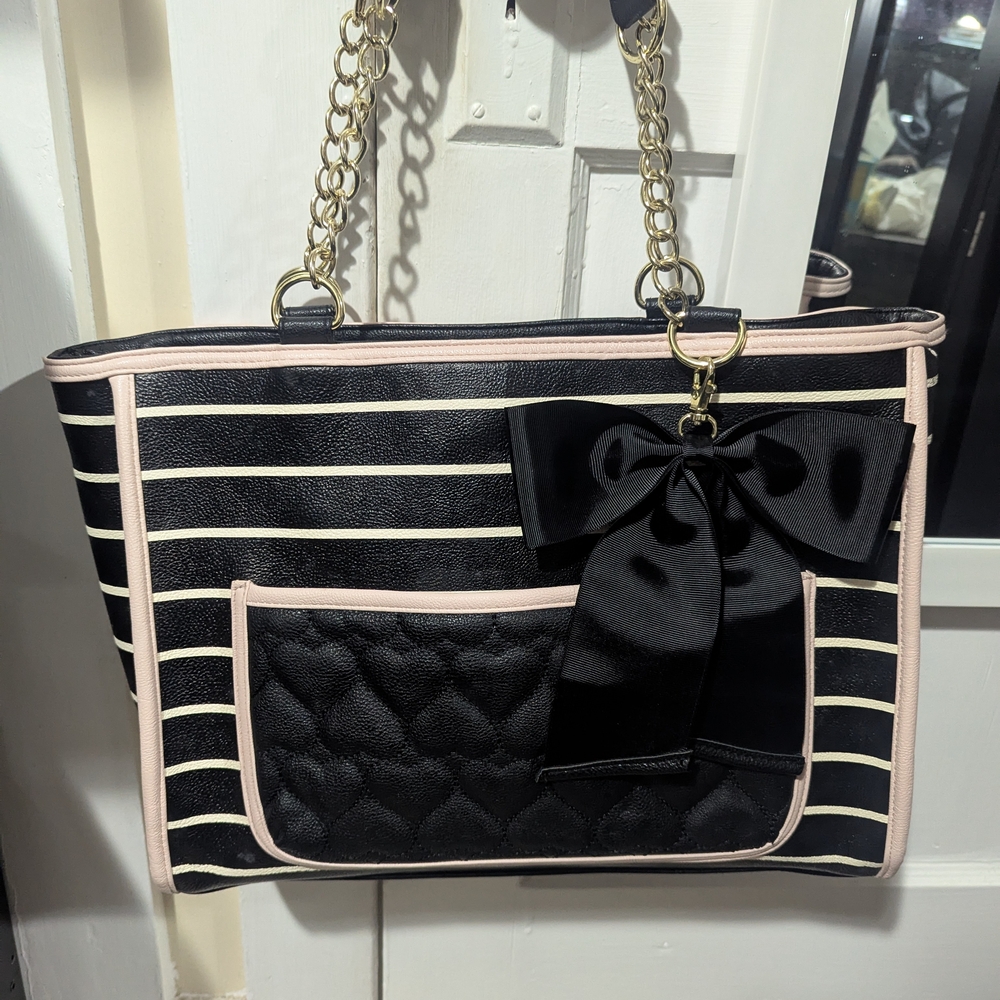 Betsey Johnson Black and Cream Striped Tote with Bow